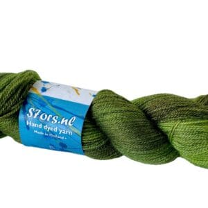 Soft, hand dyed, lace weight yarn. Superwash, non-mulesed Merino and bamboo. Pooling avacado green with dark chartreuse stripes.